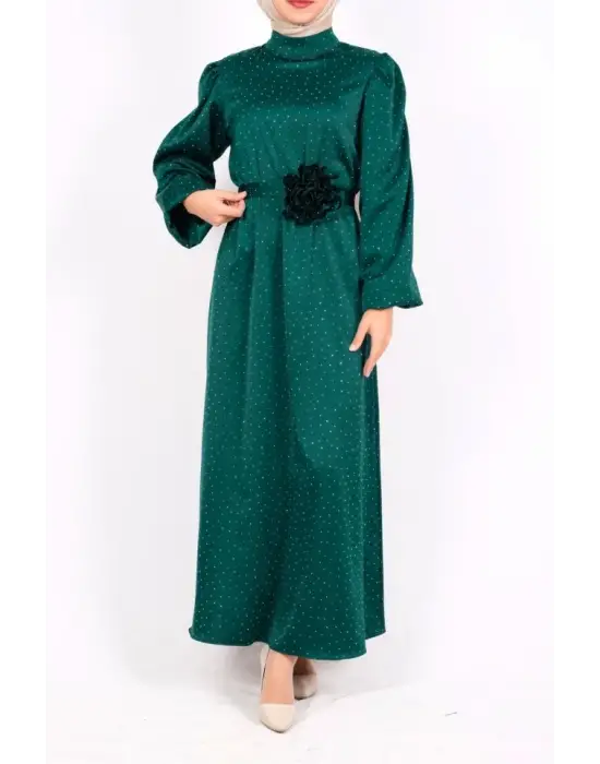 Balon Kol Kemerli Taşlı Saten Elbise  -Zümrüt
