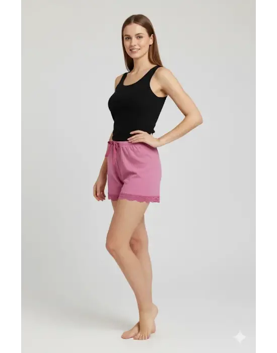 Bambu Fitilli Kadın Ev Şortu Bacak Dantel Detaylı Ev Giyim Fuşya