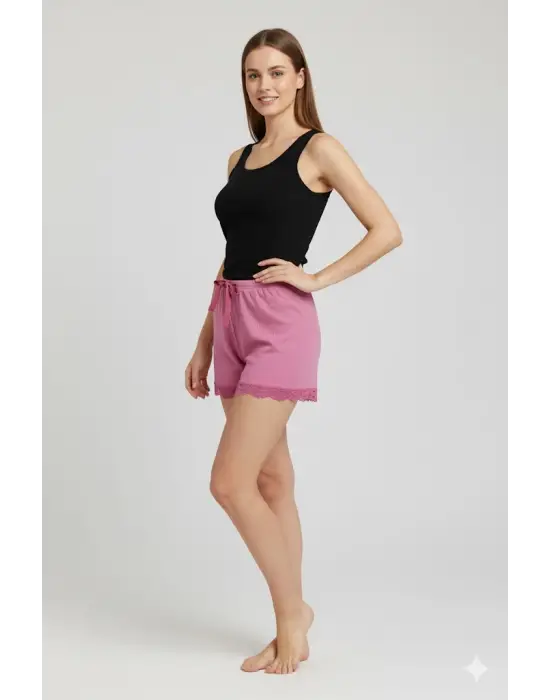 Bambu Fitilli Kadın Ev Şortu Bacak Dantel Detaylı Ev Giyim Fuşya