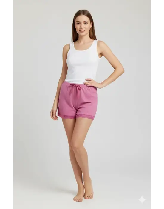 Bambu Fitilli Kadın Ev Şortu Bacak Dantel Detaylı Ev Giyim Fuşya