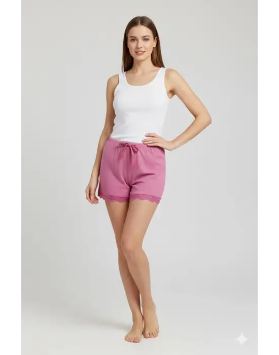 Bambu Fitilli Kadın Ev Şortu Bacak Dantel Detaylı Ev Giyim Fuşya