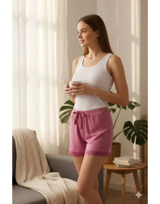 Bambu Fitilli Kadın Ev Şortu Bacak Dantel Detaylı Ev Giyim Fuşya