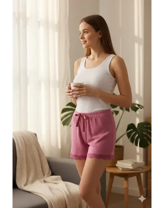 Bambu Fitilli Kadın Ev Şortu Bacak Dantel Detaylı Ev Giyim Fuşya