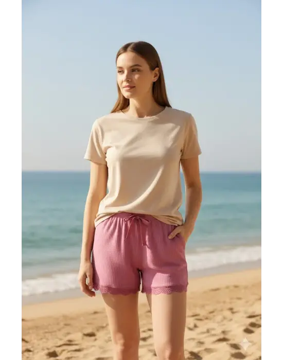 Bambu Fitilli Kadın Ev Şortu Bacak Dantel Detaylı Ev Giyim Fuşya