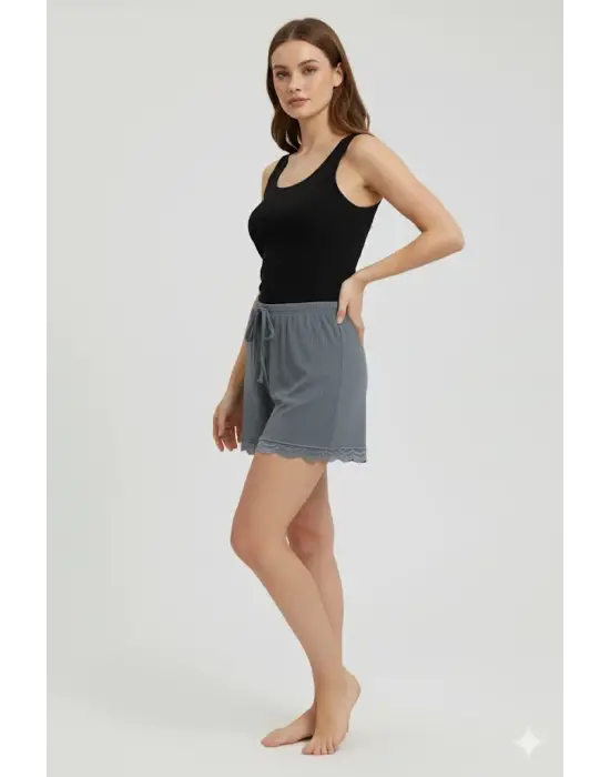 Bambu Fitilli Kadın Ev Şortu Bacak Dantel Detaylı Ev Giyim Gri