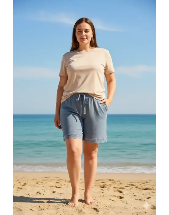 Bambu Fitilli Kadın Ev Şortu Bacak Dantel Detaylı Ev Giyim Gri