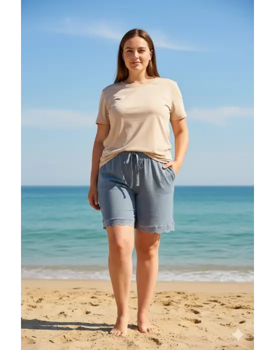 Bambu Fitilli Kadın Ev Şortu Bacak Dantel Detaylı Ev Giyim Gri