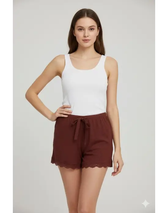 Bambu Fitilli Kadın Ev Şortu Bacak Dantel Detaylı Ev Giyim Koyu Taba