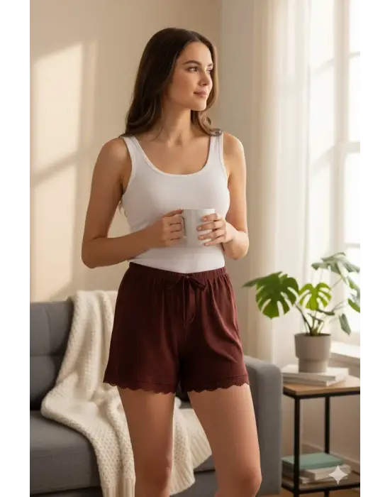 Bambu Fitilli Kadın Ev Şortu Bacak Dantel Detaylı Ev Giyim Koyu Taba