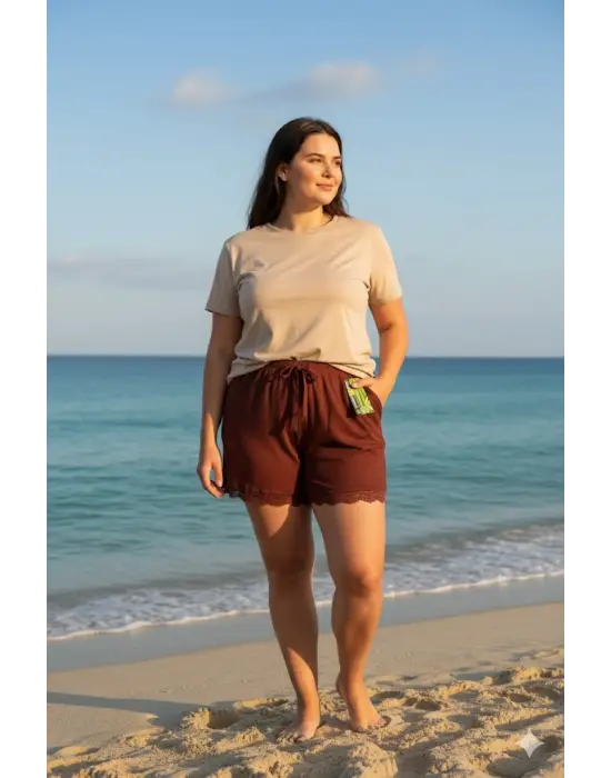 Bambu Fitilli Kadın Ev Şortu Bacak Dantel Detaylı Ev Giyim Koyu Taba