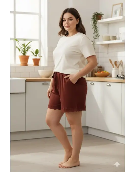 Bambu Fitilli Kadın Ev Şortu Bacak Dantel Detaylı Ev Giyim Koyu Taba