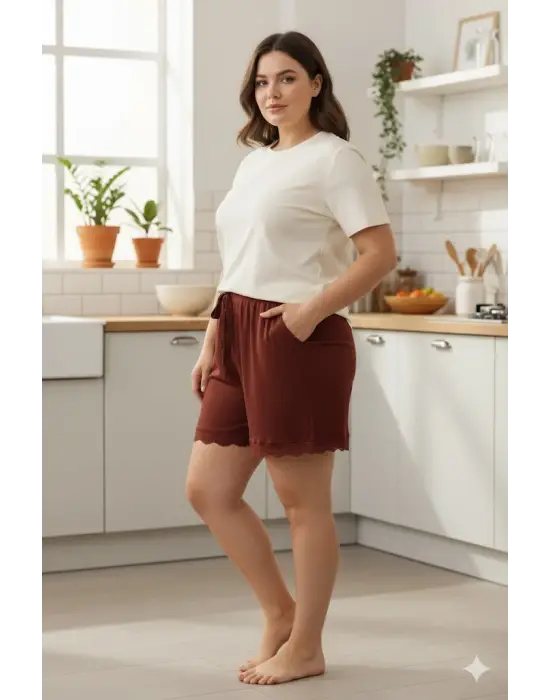 Bambu Fitilli Kadın Ev Şortu Bacak Dantel Detaylı Ev Giyim Koyu Taba