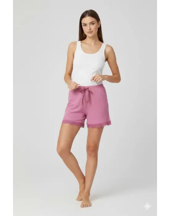 Bambu Fitilli Kadın Ev Şortu Bacak Dantel Detaylı Ev Giyim Pembe