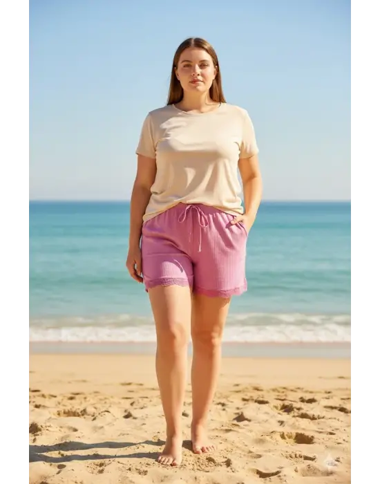 Bambu Fitilli Kadın Ev Şortu Bacak Dantel Detaylı Ev Giyim Pembe