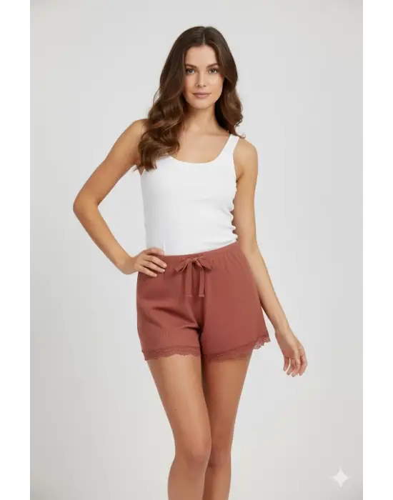 Bambu Fitilli Kadın Ev Şortu Bacak Dantel Detaylı Ev Giyim Taba