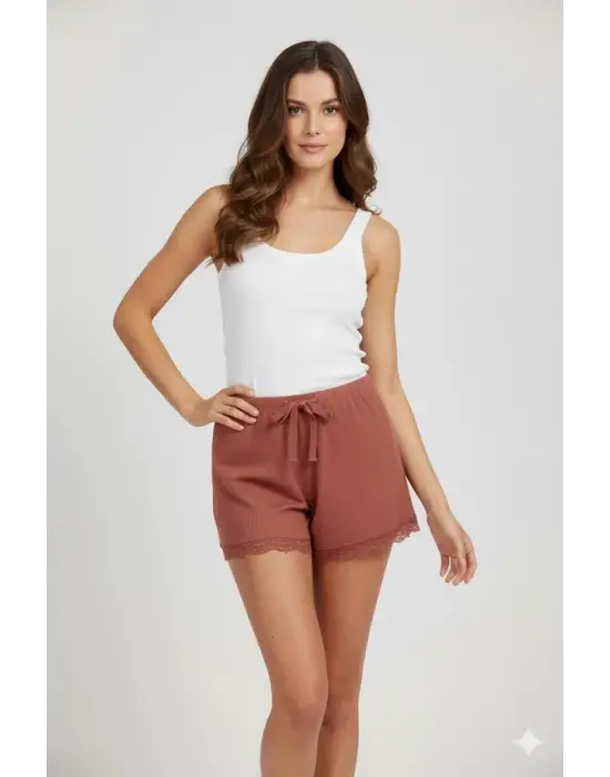 Bambu Fitilli Kadın Ev Şortu Bacak Dantel Detaylı Ev Giyim Taba