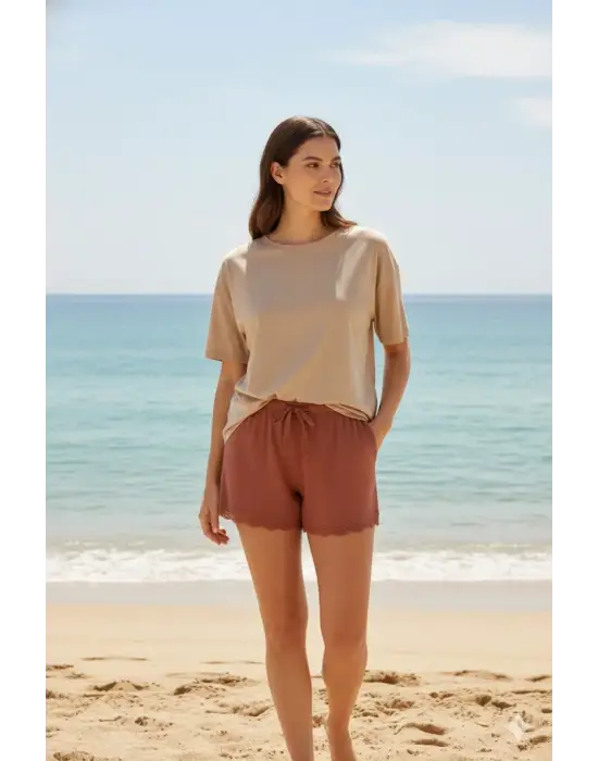 Bambu Fitilli Kadın Ev Şortu Bacak Dantel Detaylı Ev Giyim Taba