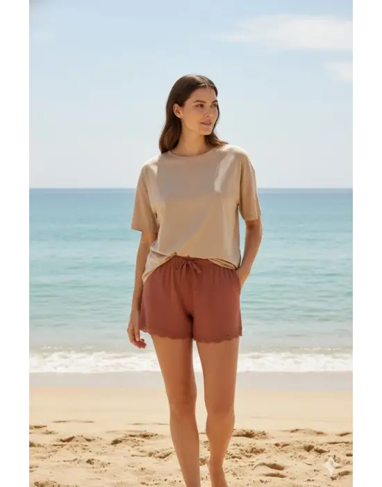 Bambu Fitilli Kadın Ev Şortu Bacak Dantel Detaylı Ev Giyim Taba