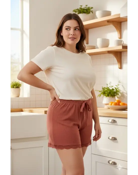 Bambu Fitilli Kadın Ev Şortu Bacak Dantel Detaylı Ev Giyim Taba