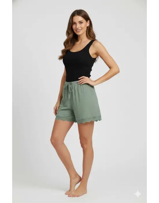 Bambu Fitilli Kadın Ev Şortu Bacak Dantel Detaylı Ev Giyim Yeşil