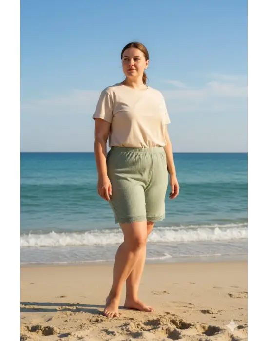 Bambu Fitilli Kadın Ev Şortu Bacak Dantel Detaylı Ev Giyim Yeşil