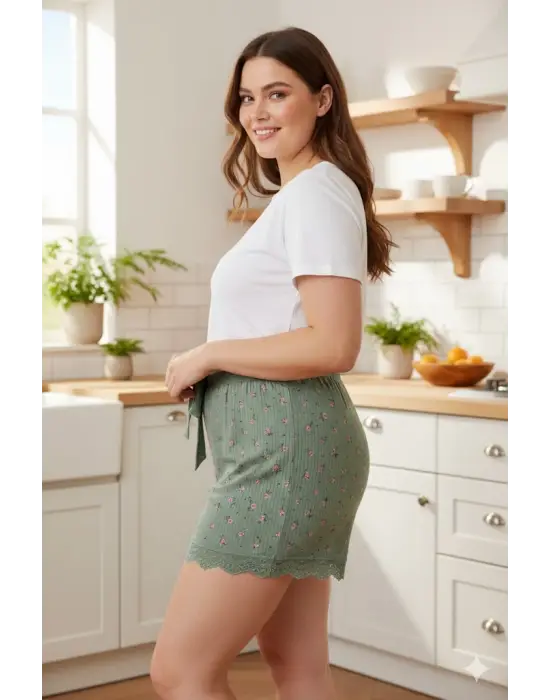 Bambu Fitilli Kadın Ev Şortu Bacak Dantel Detaylı Ev Giyim Yeşil