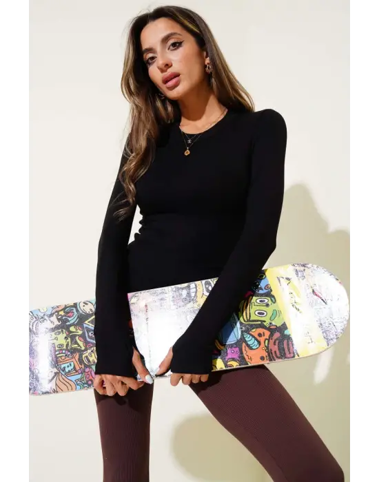 Basic Parmak Geçirme Detaylı Bluz siyah T4266