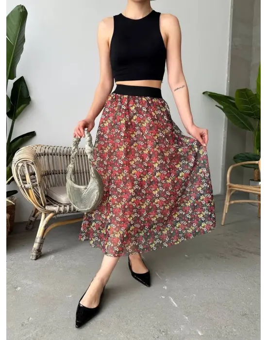 Tarz Baskılı Uzun Etek