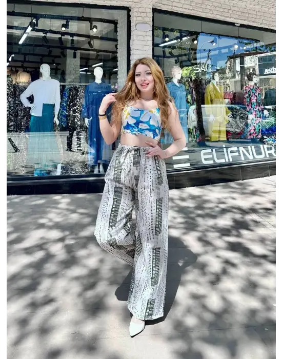 Modern Baskılı Bağcıklı Keten Pantolon