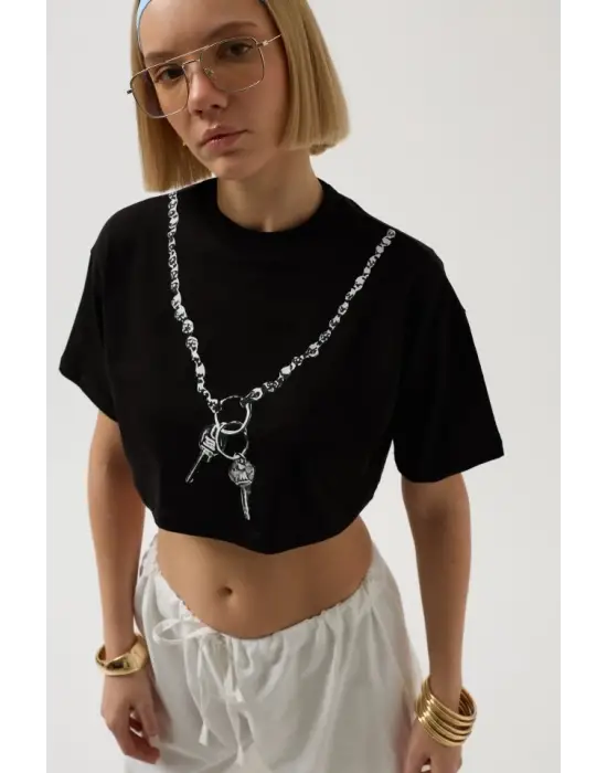 Omarı Rahat Kesim Baskılı Crop T-Shirt