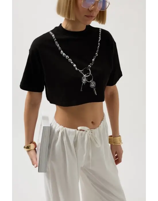 Omarı Rahat Kesim Baskılı Crop T-Shirt