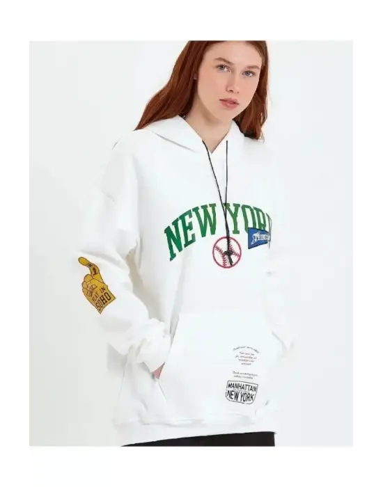 Baskılı Kapüşonlu Sweatshirt - Beyaz