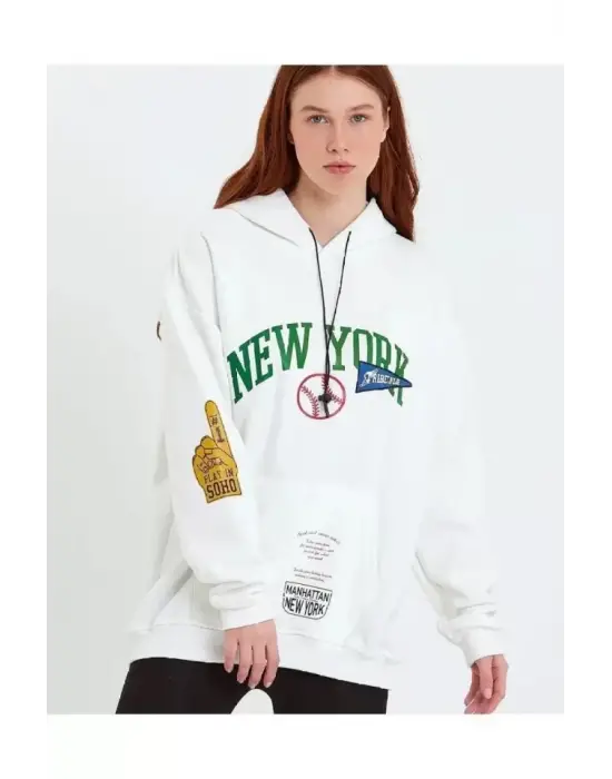 Baskılı Kapüşonlu Sweatshirt - Beyaz