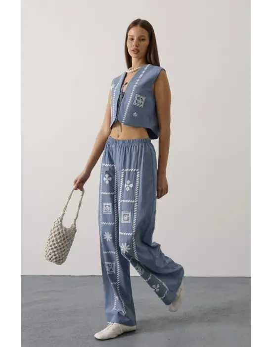 Baskılı Önü Bağlamalı Yelekli Takım - İndigo