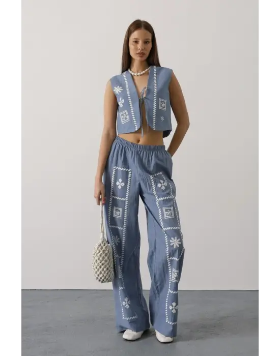 Baskılı Önü Bağlamalı Yelekli Takım - İndigo