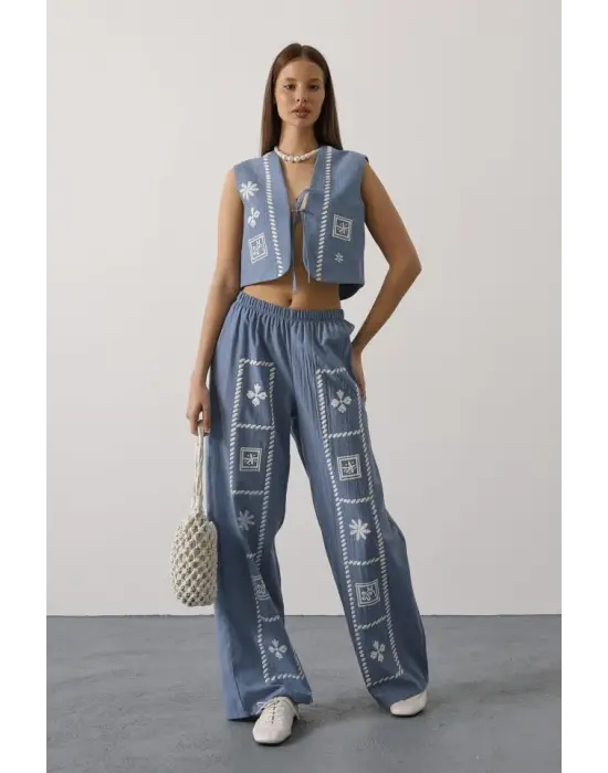 Baskılı Önü Bağlamalı Yelekli Takım - İndigo