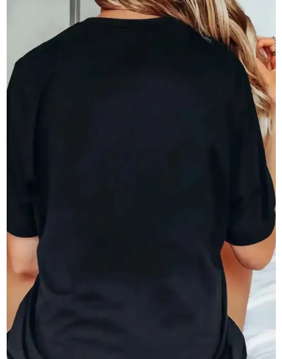 Omarı Şık Baskılı Oversize Bisiklet Yaka T-shirt - Siyah