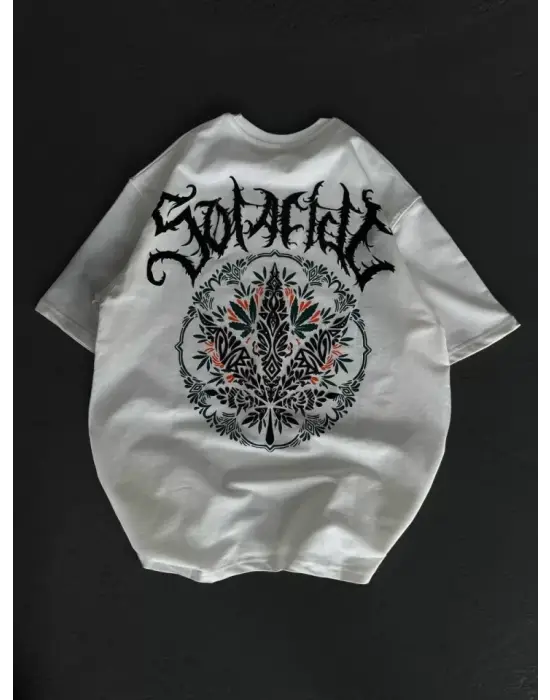 Omarı Rahat ve Şık Bisiklet Yaka Baskılı T-Shirt - Beyaz