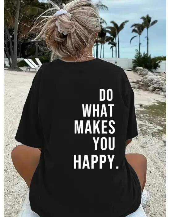 Siyah Baskılı Oversize Bisiklet Yaka T-shirt Kadın Giyim