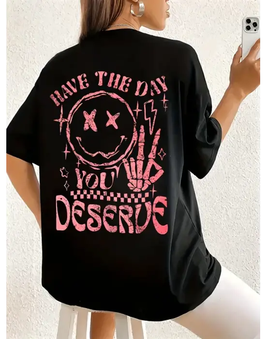 Siyah Baskılı Oversize Bisiklet Yaka T-shirt Kadın Giyim