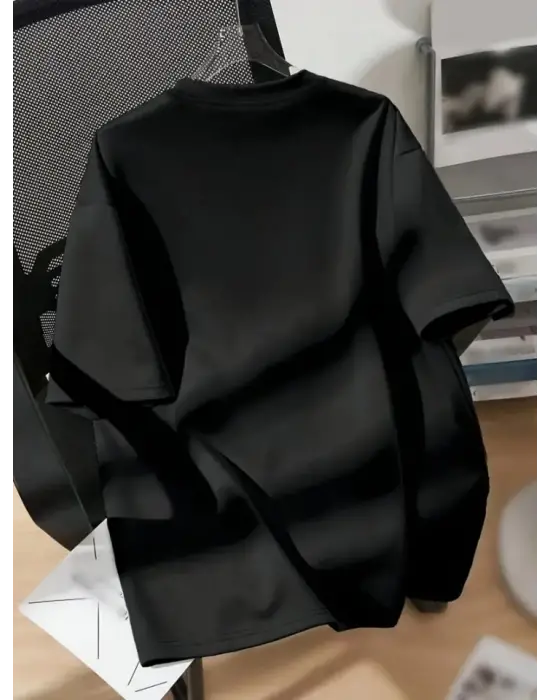 Baskılı Oversize Bisiklet Yaka T-shirt - Siyah