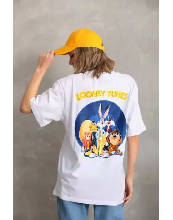 Omarı Beyaz Oversize Baskılı T-Shirt