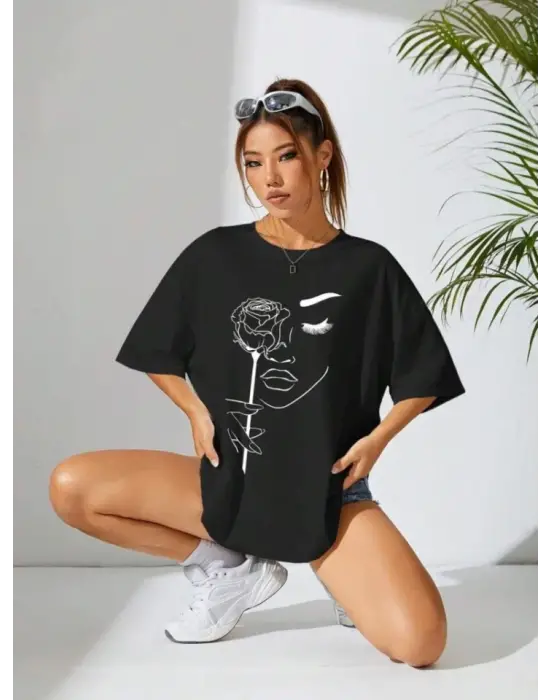 Baskılı Oversize T-shirt - Siyah