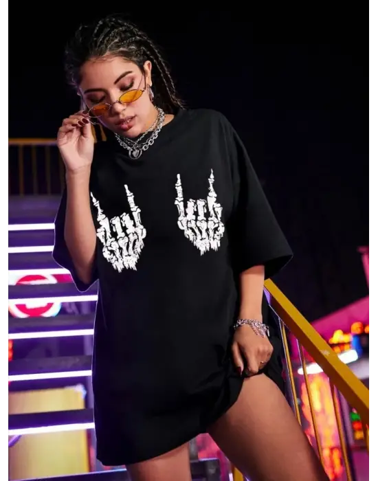 Baskılı Oversize T-shirt - Siyah