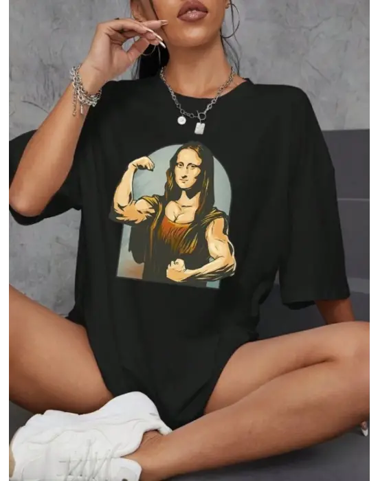 Omarı Siyah Baskılı Oversize T-shirt