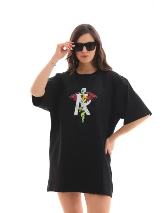 Omarı Baskılı Oversize T-Shirt - Siyah