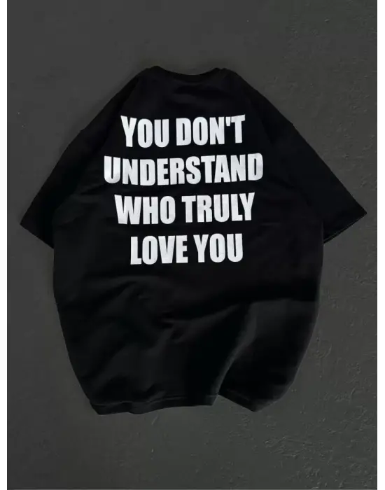 Omarı Siyah Oversize Baskılı Bisiklet Yaka T-Shirt