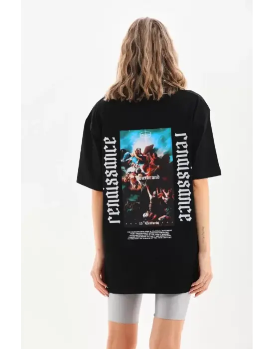 Omarı Şık Baskılı Oversize T-Shirt - Siyah