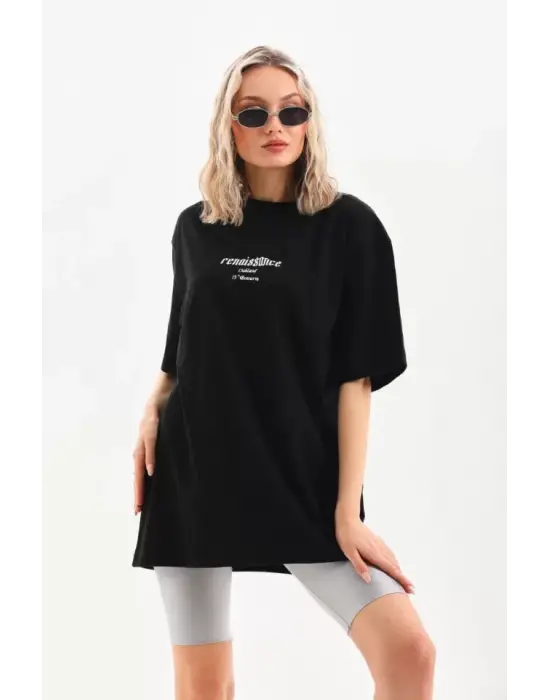 Omarı Şık Baskılı Oversize T-Shirt - Siyah