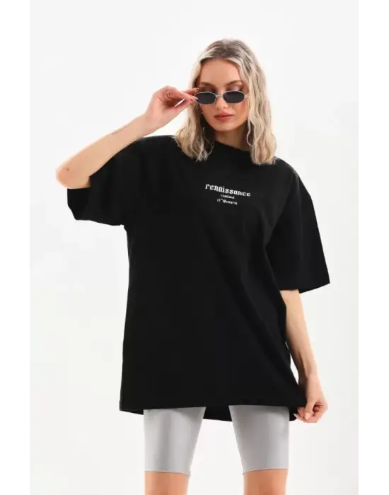 Omarı Şık Baskılı Oversize T-Shirt - Siyah